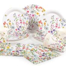 80pcs/120ocs Floral-Themed Cutlery Set, Disposable Cutlery Set, Party Cutlery Set, Wedding Cutlery, Birthday Cutlery, Party Decorations, Disposable Plates, Plates, Paper Cups And Napkins, Meet 20/30 Guests, Table Decorations, Ambience, Party Supplies