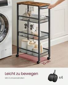 4-Tier Rolling Cart, Narrow Kitchen Cart, Niche Shelf On Wheels, Steel, Handle, For Small Spaces, 22 X 45.4 X 77 Cm, Kitchen, Bathroom, Living Room, Study, Vintage Brown-Black