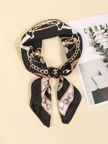1pc Faux Silk Printed Bandana/Headband/Neck Scarf, Versatile Accessory Suitable For Daily Use For Dress - Black - View 2