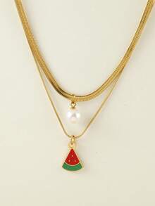 1 件不锈钢双层蛇骨项链，带树脂仿珍珠和水果吊饰（草莓、西瓜、樱桃），非常适合夏季郊游、海滩、情人节礼物和日常佩戴，适合所有场合