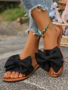 女士黑色圆头平底凉鞋，带蝴蝶结装饰，适合办公室、户外和家居穿着 - 黑色 - 查看 4