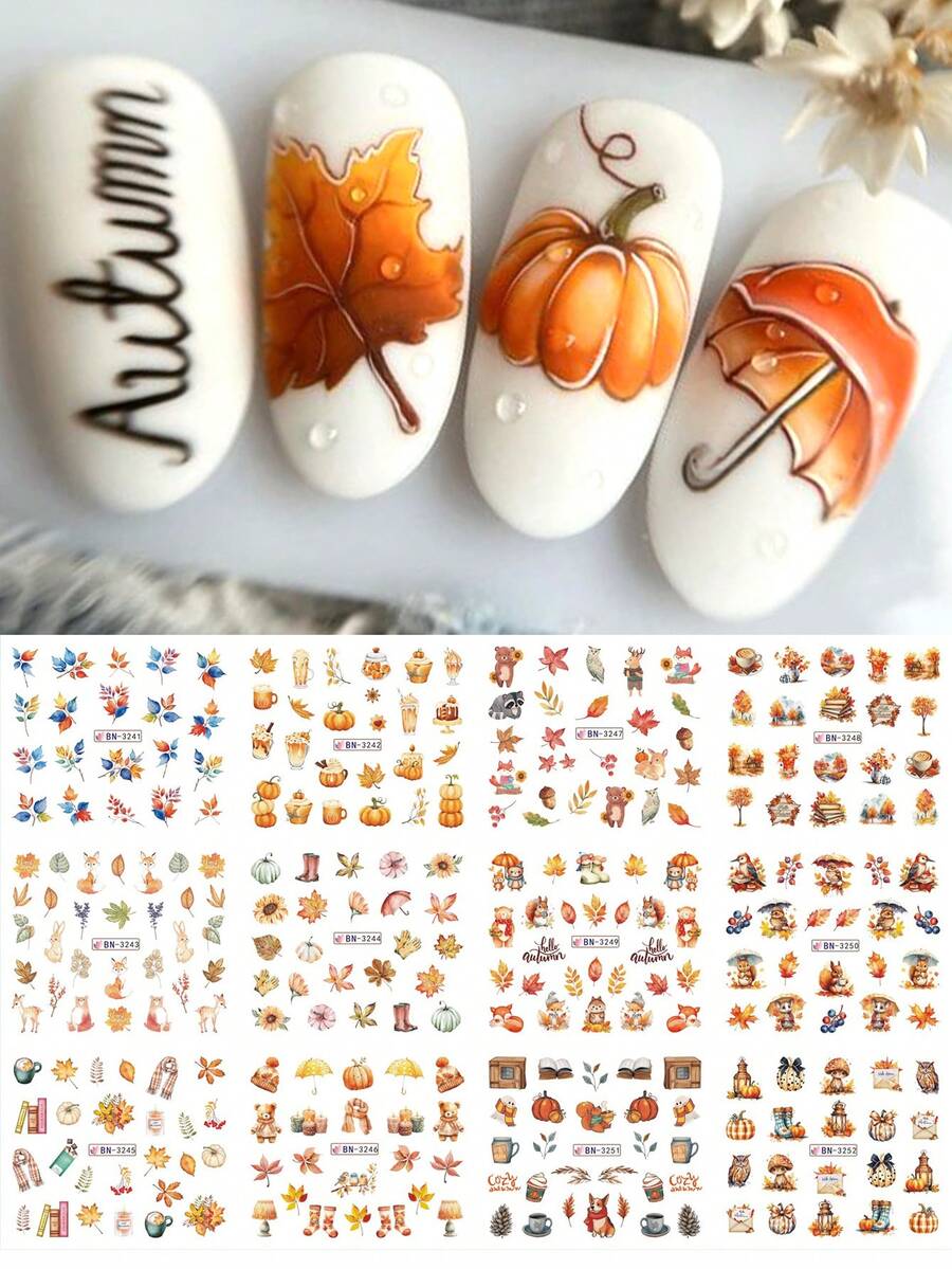 12/24designs 3D 卡通秋季南瓜指甲贴纸，秋季枫叶狐狸熊动物转印滑块，万圣节圣诞节 DIY 美甲艺术装饰技巧，美甲沙龙配件工具，美甲用品 - 彩色 - 查看 1