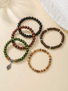5pcs/6pcs Set Vintage Bohemian Wooden Bead, CCB, Zinc Alloy, Resin Leaf, Turtle, Infinity Symbol Elements Handmade Braided Bracelet Set Suitable For Men And Women, Daily, Beach, Holiday Wear