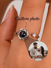 Women's Customized Photo Projection Ring, Personalized Minimalist Style, Open Couple Ring, Customizable Any Photo Proposal Wedding Ring, Wedding Jewelry, Graduation Season, Mother's Day, Music Festival Unique Gift, Anniversary Gift - Gold - View 3