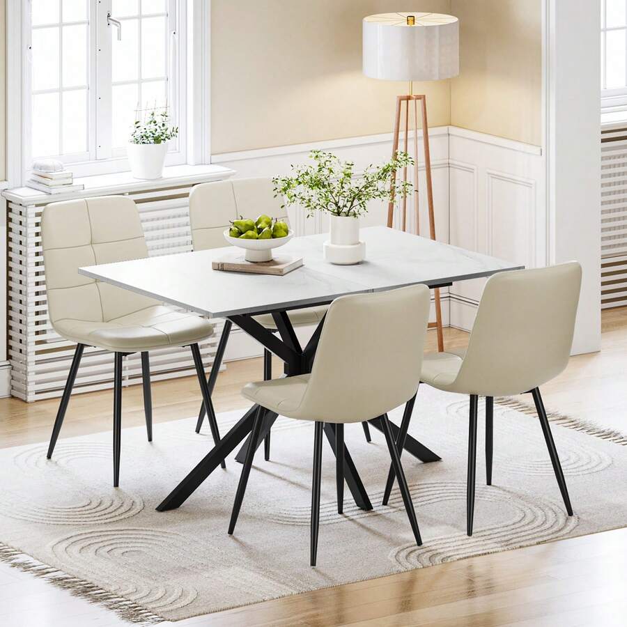 Extendable Dining Table And Chairs Set 4, 120-160cm Marble Effect Table With 4 Beige Upholstered PU Leather Chairs For Dining Room, Kitchen - Marble Dining Table + 4 Beige Chairs - View 1
