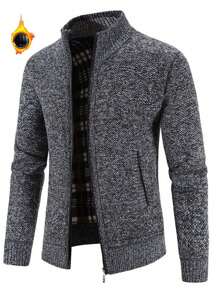 Korean Style Men's Casual Full Zip Cardigan Sweater Jacket, Classic Soft Knit Jacket With Pockets, Thermal Lined Thick For Autumn/Winter