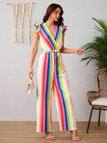 Elegante Mono De Pierna Ancha Para Mujeres,Monos Con Cinturón Estampado A Rayas,Mono Sin Mangas Con Volantes - Rosa - Ver 3