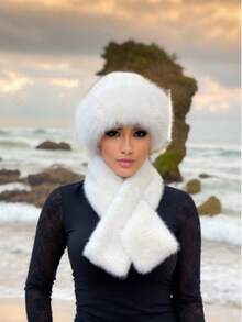 1 件欧美时尚休闲百搭蒙古帽，渔夫帽搭配人造毛皮围巾 - 彩色 - 查看 7