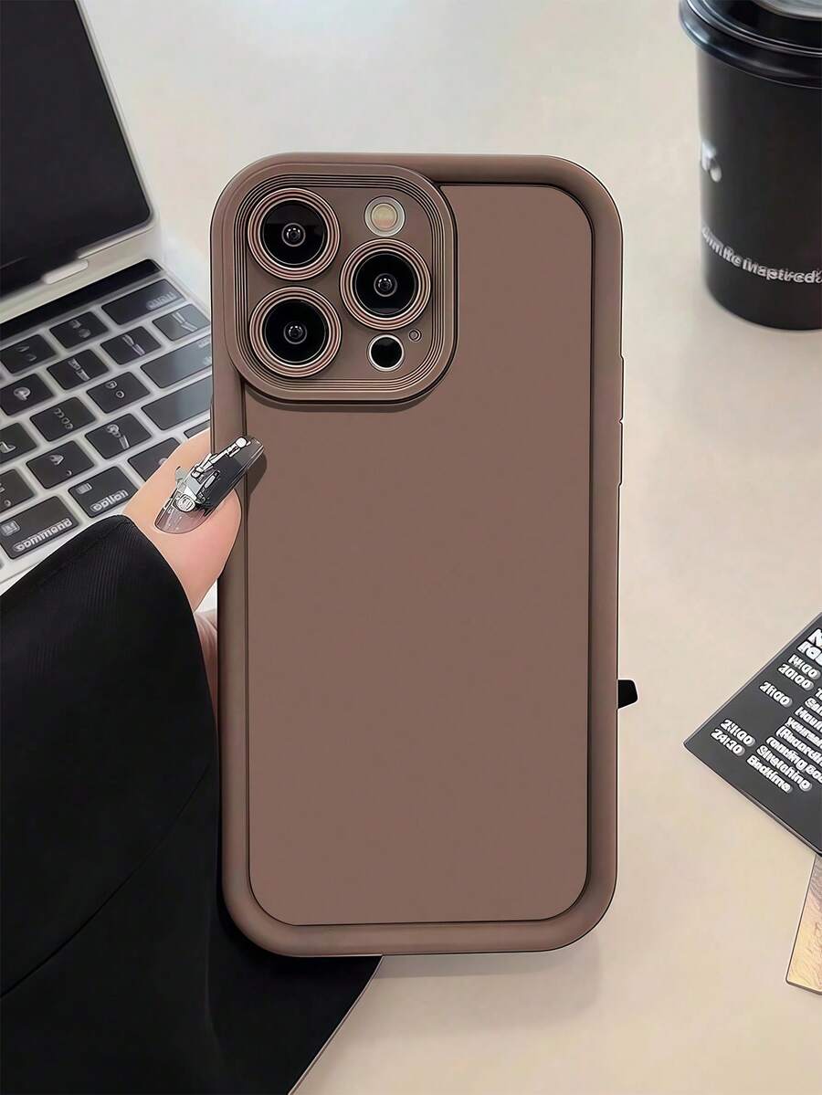 1pc Perforated Solid Brown Custom Pattern Full Coverage TPU Shockproof Phone Case Compatible With Apple 16, 15, 14, 13, 12, 11 Pro Max And A/S Series Waterproof Anti-Fall Scratch Resistant - Brown - View 1