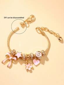 1 件可爱蝴蝶结、糖果、心形、星星、棒棒糖装饰手工手链，时尚设计，礼物手链，粉色串珠可调节和可拆卸女士手链
