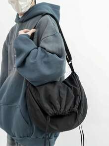 新款简约抽绳包，男士纯色单肩包，大学生复古手提包，斜挎包，适合旅行、通勤、购物、校园