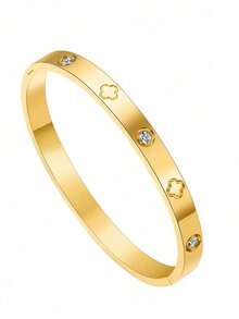 1pc Titanium Steel Bangle, Mirror Polished, Vacuum Plated, Not Easy To Fade, Lucky Four Leaf Clover With Rhinestone, Fashionable Classic Style, Suitable For Daily Wear Valentines - 銀色 - 查看 3