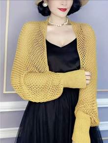 1pc Summer Chiffon Shawl, Fashionable Cardigan, Suitable For Cheongsam Or Dress, Korean Style Mesh Sleeve Design, Sun Protection Coverage,Holiday,Travel Essential - Beige - View 7