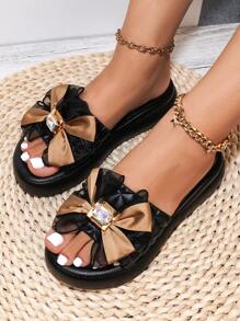 Pantuflas planas con lazo y brillantes para mujer, aptas para uso en exteriores en primavera/verano