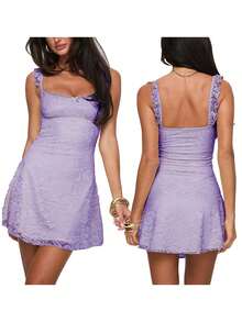 Women's Summer Mini Dresses Sleeveless .Y Square Neck Backless Lace Splicing Cocktail Party Straps Bodycon Dress - 紫色 - 查看 6