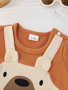 时尚圆领可爱印花宽松肩带二合一短袖撞色设计男婴连体衣 - 卡其色 - 查看 5