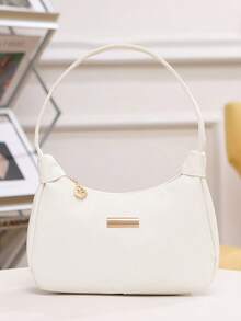 Lychee Grain PU Women's Bag, Fashion Shoulder Bag For Women, Solid Color Synthetic Leather Handbag With Zipper Closure And Wristlet, Polyester Lined, Versatile Underarm Dumpling Purse - Available In White, Black, Pink,Khaki,Brown