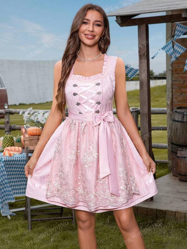 Vestido de tirantes con encaje, bordado y parches de jacquard, ideal para el Carnaval de Halloween, Oktoberfest, disfraz de sirvienta, cosplay