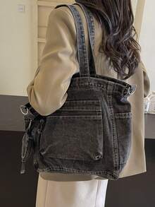 תיק אופנה חדש וקז'ואל מבד ג'ינס רך מכוסה עם כיסים מרובים (עם ארנק למטבעות), תיק נסיעות גדול בצבע אחיד, תיק מזוודות, תיק כתף רב-תכליתי לנסיעות, תיק ספורט לחדר כושר, תיק שליח רטרו לסטודנטים, מתאים לעבודה, קניות, נסיעות, ספורט ושימוש בית ספר - שחור - ראה 5