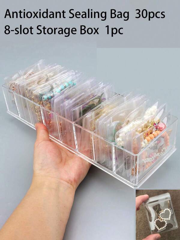 1pc Acrylic Jewelry Display Box + 30pcs PVC Transparent Resealable Jewelry Bags, Jewelry Storage Pouches, Small Jewelry Clear Bags (For Gifts, Small Accessories, Earrings), Anti-Rust, Anti-Oxidation, PVC Zip Lock Bags (For Rings, Earrings And Small Accessories), Compact Jewelry Organizer Pouches, Accessory Party Gift Bags, Valentine's Day Gifts, Sunny Travel, Cool Back-To-School For Women Storage Organizer Travel Essentials Back To School Dormitory Storage