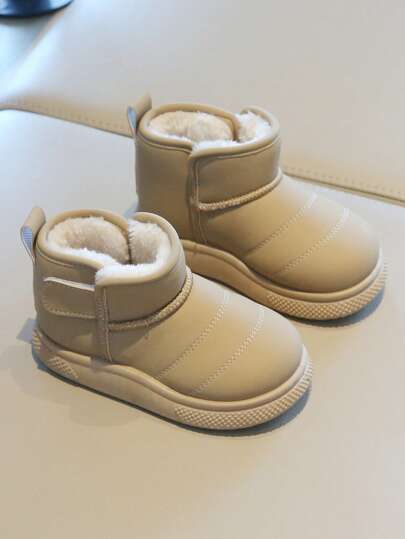 1 Pair Children's Solid Color PU + Velvet Thick Warm Flat Non-Slip Waterproof Round Toe Flat Heel Comfortable Fashion Snow Boots, Suitable For Winter