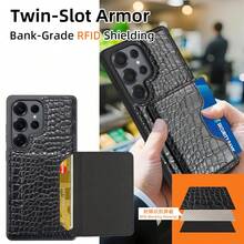 Crocodile Pattern Luxury Leather Business Card Holder & Phone Case With Stand Function, Compatible With Samsung S25Ultra/S24Ultra - Black - View 8
