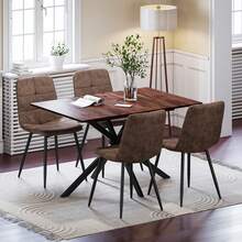 Extendable Dining Table And Chairs Set 4, 120-160cm Wood Grain Table With 4 Brown Upholstered PU Leather Chairs For Dining Room, Kitchen - Wood Grain Dining Table + 4 PU Brown Dining Chairs - View 1