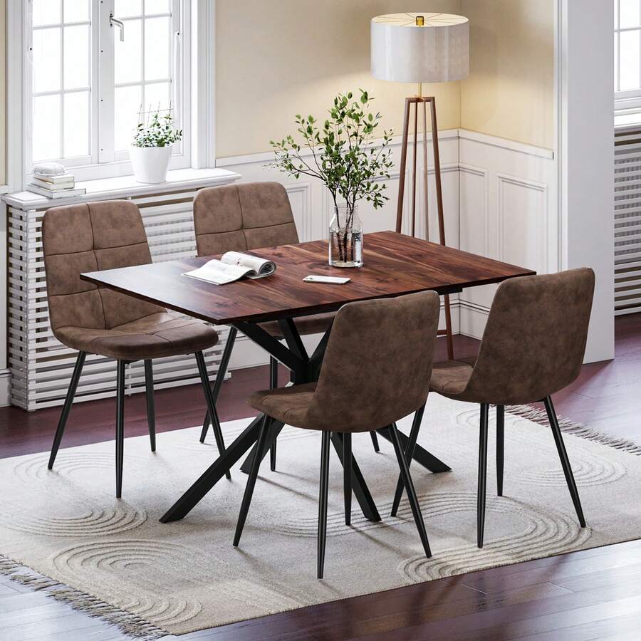 Extendable Dining Table And Chairs Set 4, 120-160cm Wood Grain Table With 4 Brown Upholstered PU Leather Chairs For Dining Room, Kitchen - Wood Grain Dining Table + 4 PU Brown Dining Chairs - View 1
