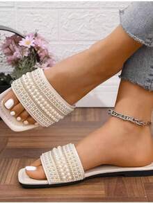 女士新款米色方头平底拖鞋，珍珠和水晶装饰，时尚优雅，百搭，适合夏季外出、约会、聚会、婚礼 - 米色 - 查看 5