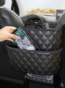 1pc Large Capacity PU Leather Car Seat Storage Bag, Expandable Hanging Organizer Bag With Multiple Pockets, Suitable For Vehicle Interior Accessories, Purse Holder, Wallet Clip, Pet Barrier - Black Quilted Design, Car Organizer