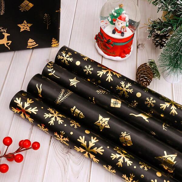 5m/16.4ft Or 10m/32.8ft Retro Black & Gold Christmas Foil Wrapping Paper, Reindeer & Snowflake Gift Wrap, Xmas Eve Wrapping Paper, Holiday Gift Wrap