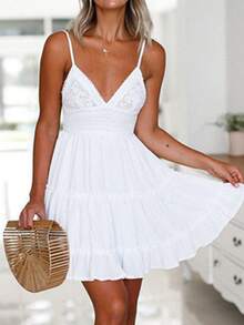 Women Summer Stylish Mini Cami Dress Sleeveless Open Back V Neck Tiered Lace Spaghetti Strap Dress For Party Vacation - 白色 - 查看 1