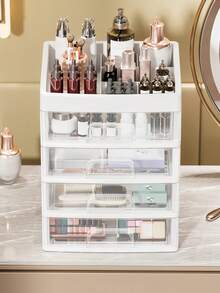 Makeup Organizer With Drawer,  Stackable Clear Perfume Organizer, Dorm Room Essentials For Girls, Multifunction Plastic Desk Organizer,  Nail Polish Organizer, Bedroom Countertop Storage For Cosmetics, Perfume, Brushes, Eyeshadow, Skincare, Lipstick - trắng - Xem 7