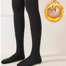 زوج من جوارب طويلة فوق الركبة للنساء باللون الأحادي، سميكة ذات بطانة فرو دافئة ومقاومة للبرودة، جوارب عادية وشاملة JK طويلة حتى الفخذ ، ناعمة ومريحة مناسبة للطلاب والكبار في الخريف والشتاء