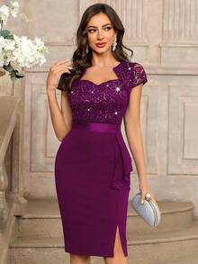 MIUSOL Sequin Lace Sweetheart Neck Ruffle Hem Cocktail Party Bodycon Dress - Maroon - View 6