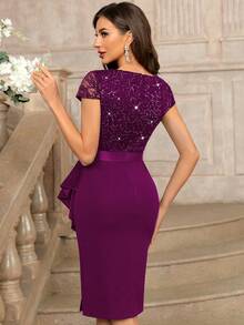 MIUSOL Sequin Lace Sweetheart Neck Ruffle Hem Cocktail Party Bodycon Dress - Maroon - View 3