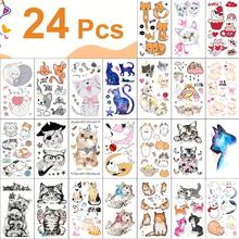 24 Sheets Cute Cartoon Cat Temporary Tattooos Watercolor Cat Design Tattooo Sticker For Woman Girls Boys Body Waterproof Face Hand Fake Tattoo