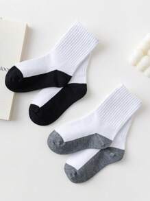 5 pares de calcetines para niños/estudiantes de color contrastante, calcetines casuales de media pantorrilla con alta elasticidad, aptos para todas las estaciones, negro/blanco/gris