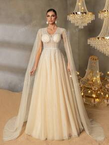 Faeriesty Vestido de noche lujoso con cuello en V abotonado, mangas elongadas y falda en línea A de Faeriesty - Elegante para galas de alfombra roja, ceremonias de entrega de premios de etiqueta negra, bodas de alto perfil, bailes de gala por la noche, eventos de caridad formales