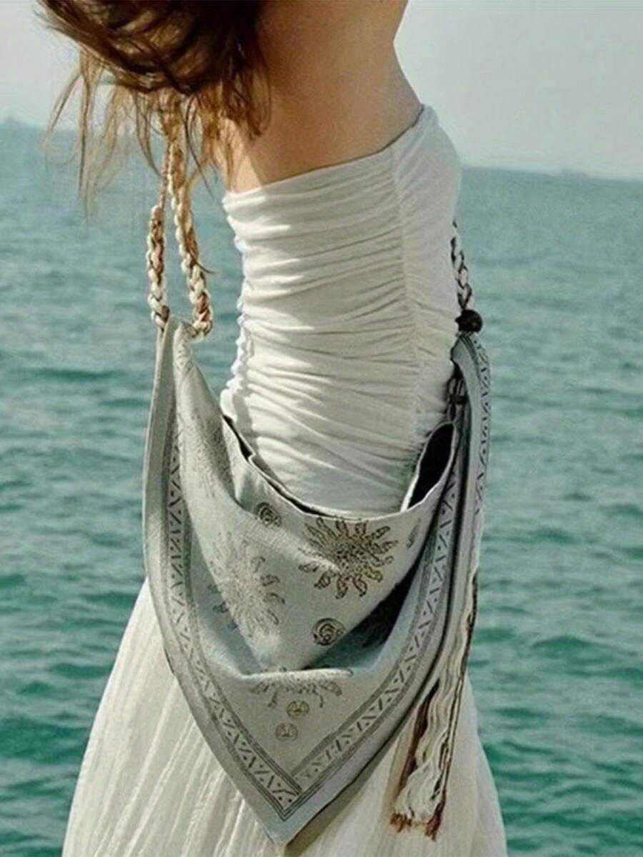 1 chiếc túi đeo vai chéo kiểu Bohemian bằng vải lanh thiết kế độc đáo, túi xách nữ dung tích lớn, nhẹ, phù hợp với trang phục Boho. - Nhiều màu - Xem 1
