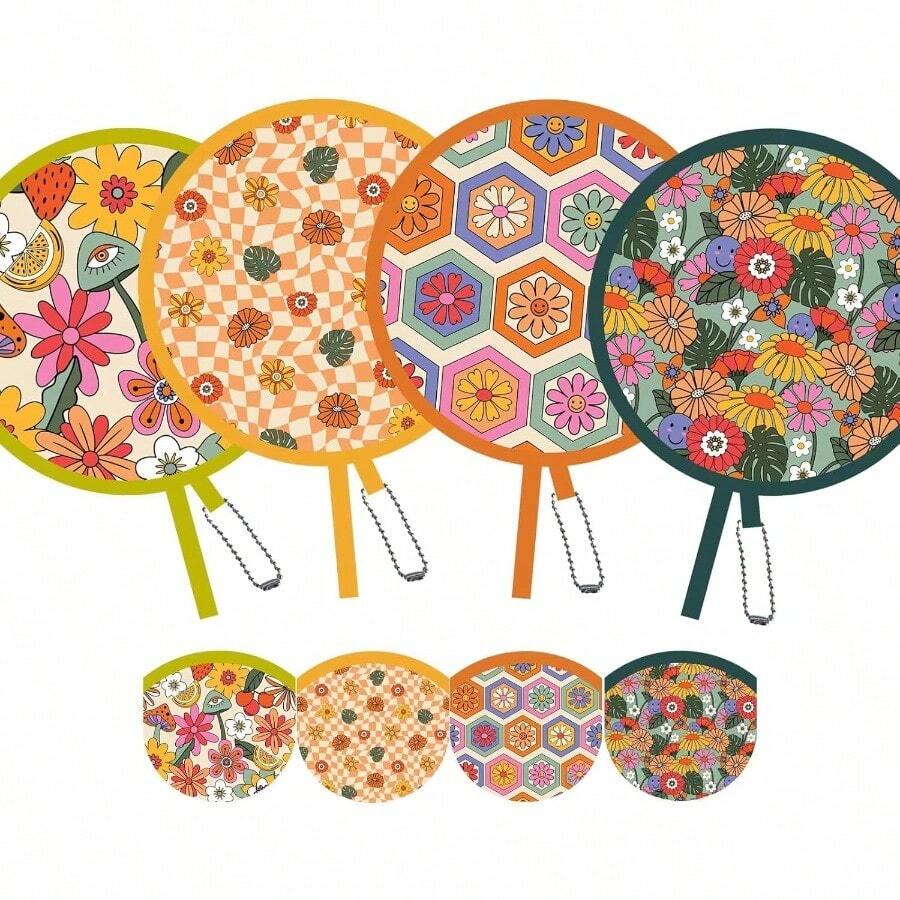 4 Pack Retro Hippie Hand Fan Foldable MultiRole Round Fans For Travel Events Graduation Indoor Outdoor Joyful RR8 - Colorful - View 1