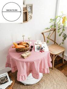 1pc Red Plaid Round Tablecloth, American Vintage Style With Ruffled Edge, Kitchen & Living Room Decor, Valentine's Day Dining Table Cloth - Multicolor - View 10