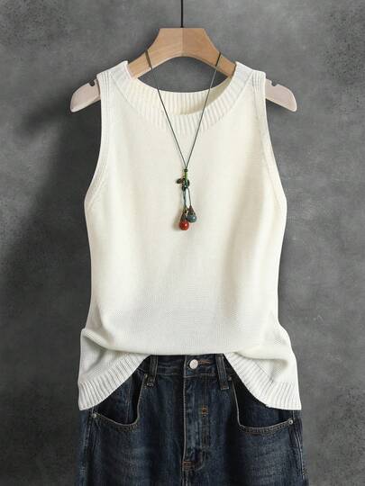 Women's Knitted Vest, Casual French Retro Literary Solid Color Camisole, Versatile Daily Wear Layering Cropped Sleeveless Knit Top, Spring & Summer