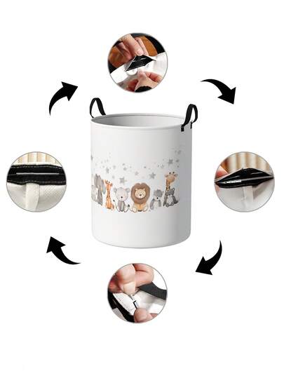 1 giỏ đựng đồ tròn có thể gấp lại có tay cầm, họa tiết động vật dễ thương, thùng đựng đồ đa năng dung tích lớn để đựng đồ dùng cho trẻ sơ sinh, tã trẻ em, quần áo, đồ chơi và phụ kiện
