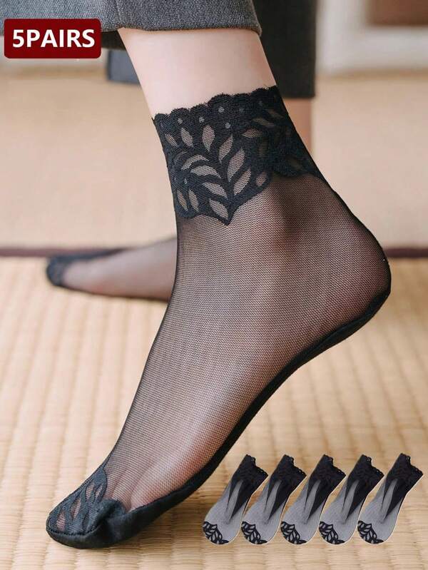 5 pares de calcetines cortos transpirables de encaje y malla para mujeres, color negro, calcetines ligeros para mujer para primavera y verano