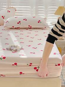 3pcs (1pc Fitted Sheet + 2pcs Pillowcases) New Pink Cherry Print Skin-Friendly Breathable 360° Wrap-Around Fitted Sheet + 2pcs Pillowcases Set, Aloe Cotton Washed Cotton Fitted Sheet With 2 Pillowcases, Soft, Moisture-Wicking, Durable, Fade-Resistant, Antibacterial, Warm Bedding Set For Bedroom, Guest Room, Dorm, Kids Room, All-Season Use