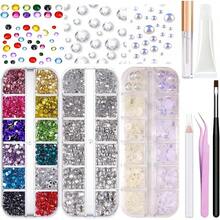 Hair Face Gems Rhinestone With Makeup Glue Flat Back Colorful Jewels Crystal Rhinestone Half Round AB Pearl Kit Wax Pencil Tweezer And Brush For Face Eyes Hair Body Makeup - 01-AB/bộ đá quý rõ ràng - Xem 1