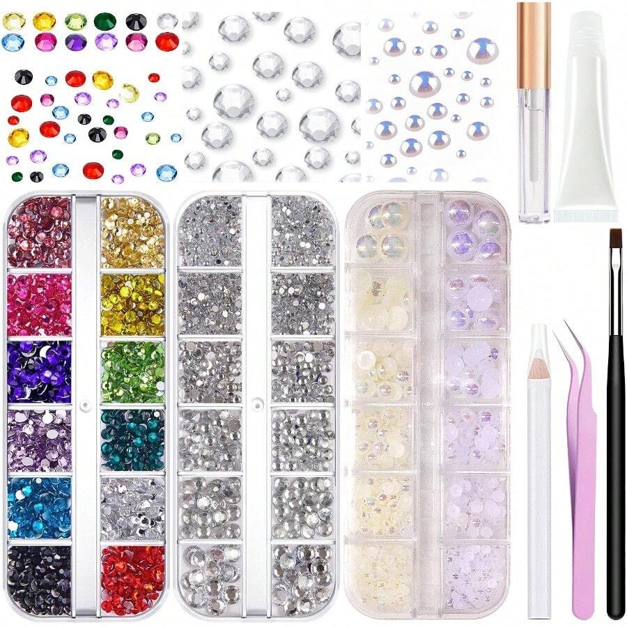 Hair Face Gems Rhinestone With Makeup Glue Flat Back Colorful Jewels Crystal Rhinestone Half Round AB Pearl Kit Wax Pencil Tweezer And Brush For Face Eyes Hair Body Makeup - 01-AB/bộ đá quý rõ ràng - Xem 1