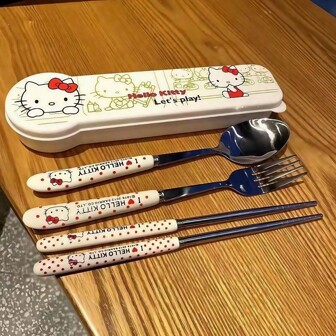 Sanrio 4 piezas Juego de cubertería de acero inoxidable de Hello Kitty - Juego de 4 piezas con palillos, cuchara y tenedor, ideal como regalo para el Día de San Valentín. Juego de cubertería de dibujos animados con un aspecto muy atractivo, ideal para estudiantes, trabajadores de oficina y comidas portátiles. Incluye 1 bolsa de almuerzo aislada y portátil, perfecta para comidas en la escuela o el trabajo