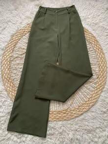 Conjunto Social Calça Pantalona Cintura alta bolsos Alfaiataria Colete Botões  Simples    elegante  Casual    Bolso  Zíper - Verde Escuro - Visão 6